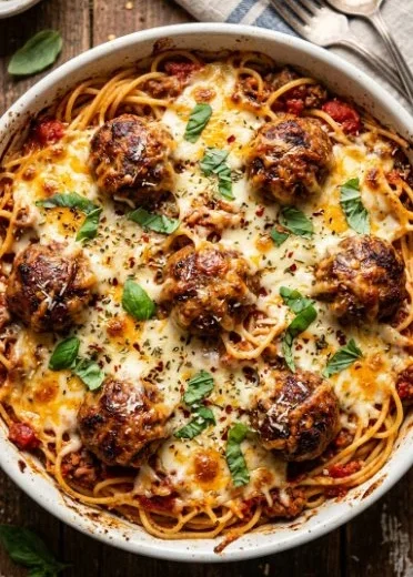 Delicious dump-and-bake meatball casserole topped with melted cheese and herbs