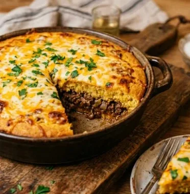 Delicious cowboy cornbread casserole served in a bowl, showcasing hearty ingredients.