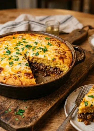 Delicious cowboy cornbread casserole served in a bowl, showcasing hearty ingredients.