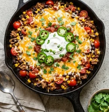 Easy ground turkey taco skillet recipe cooking in a pan