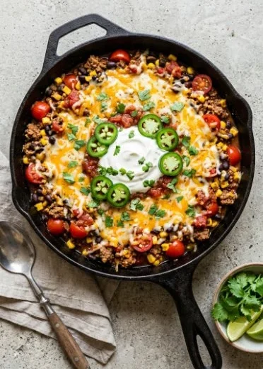 Easy ground turkey taco skillet recipe cooking in a pan