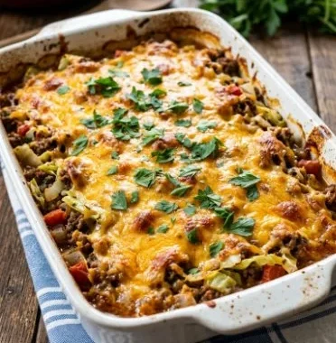 Easy Cabbage Casserole 1 Delicious and easy cabbage casserole dish served in a baking tray.