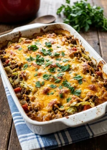 Delicious and easy cabbage casserole dish served in a baking tray.