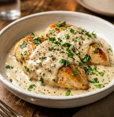 Easy Crockpot Chicken & Creamy Gravy Perfection 1 Delicious crockpot chicken with creamy gravy served on a plate