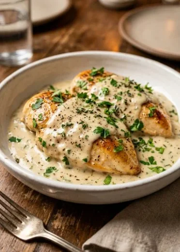 Easy Crockpot Chicken with creamy gravy served in a warm bowl