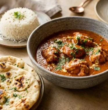 A bowl of easy homemade butter chicken served with rice and naan bread.