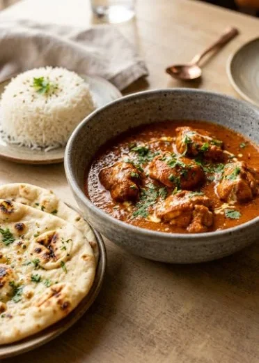 A bowl of easy homemade butter chicken served with rice and naan bread.