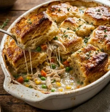 Delicious homemade chicken pot pie casserole served in a baking dish