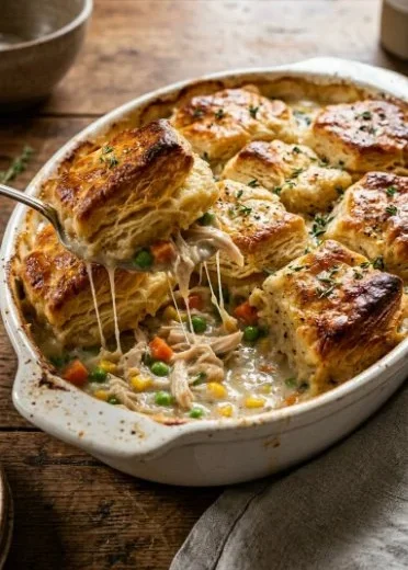 Delicious homemade chicken pot pie casserole served in a baking dish