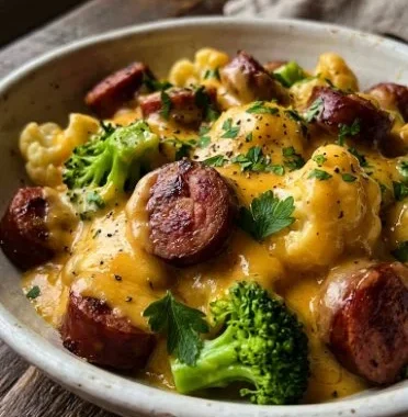 Easy Keto Broccoli & Cauliflower Au Gratin with Sausage — Low Carb Meals With Sausage 2 Easy Keto Broccoli and Cauliflower Au Gratin with Sausage dish