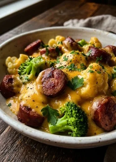 Easy Keto Broccoli and Cauliflower Au Gratin with Sausage dish