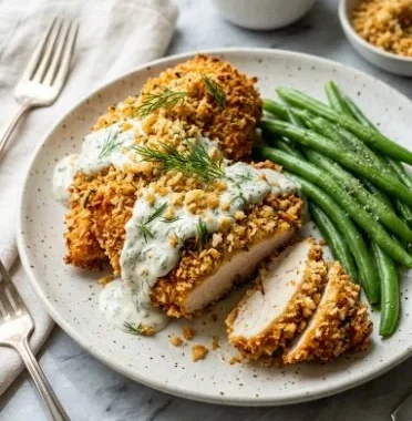 Delicious low carb baked ranch chicken on a plate with herbs and spices