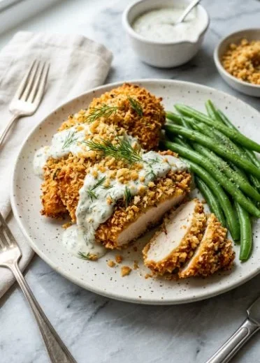 Delicious low carb baked ranch chicken on a plate with herbs and spices