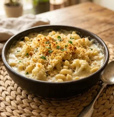 Creamy low-carb cauliflower mac & cheese served in a bowl