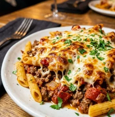Easy One-Skillet Cheesy Ground Chicken Pasta 1 One-skillet cheesy ground chicken pasta with melted cheese and herbs