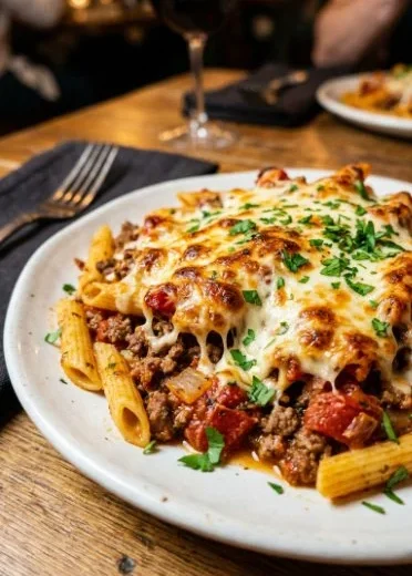 One-skillet cheesy ground chicken pasta with melted cheese and herbs