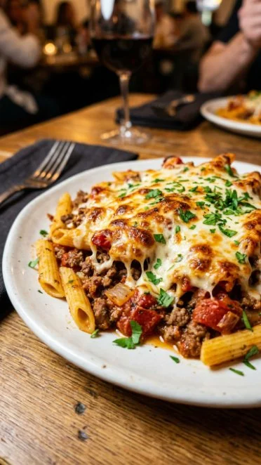 One-skillet cheesy ground chicken pasta with melted cheese and herbs