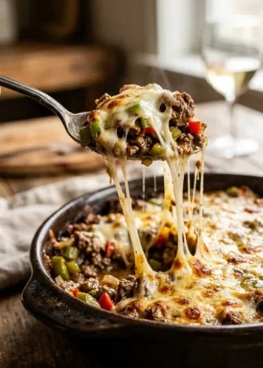 Delicious Philly Cheesesteak Casserole topped with melted cheese and savory ingredients.