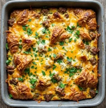 Delicious easy sausage croissant casserole served on a plate.