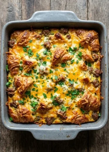 Delicious easy sausage croissant casserole served on a plate.