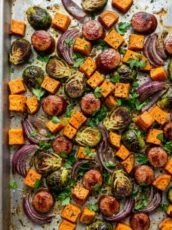 Easy Sheet Pan Sausage, Sweet Potato & Brussels Sprouts Feast