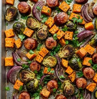 Easy Sheet Pan Sausage, Sweet Potato & Brussels Sprouts Feast 2 Easy sheet pan sausage with sweet potatoes and Brussels sprouts