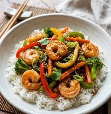 Easy Shrimp Stir Fry 2 Delicious easy shrimp stir fry with colorful vegetables in a skillet