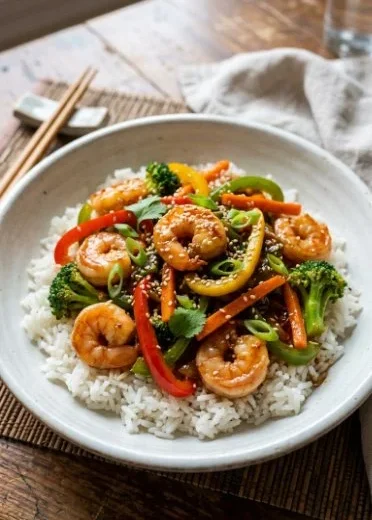 Delicious easy shrimp stir fry with colorful vegetables in a skillet