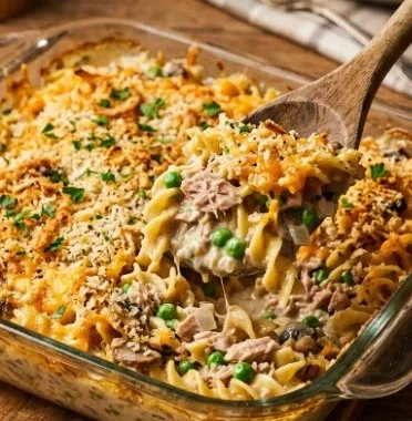 Delicious easy tuna casserole served in a bowl with a spoon