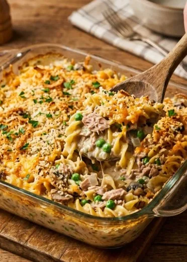 Delicious easy tuna casserole served in a bowl with a spoon