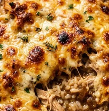 French onion chicken rice casserole topped with melted cheese and caramelized onions