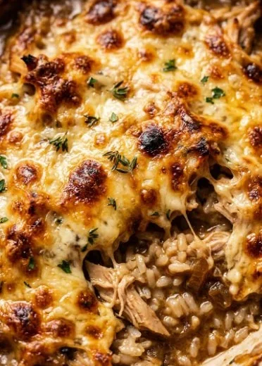 French onion chicken rice casserole topped with melted cheese and caramelized onions
