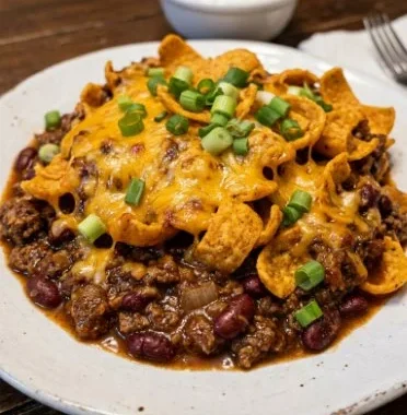 Delicious Frito Pie Casserole with layers of chips, chili, and cheese