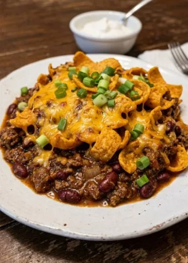 Delicious Frito Pie Casserole with layers of chips, chili, and cheese