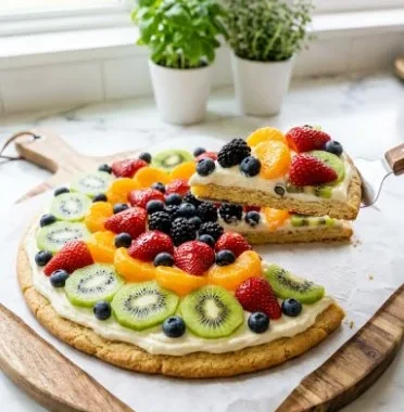 Fruit pizza with thick sugar cookie crust topped with a variety of fresh fruits
