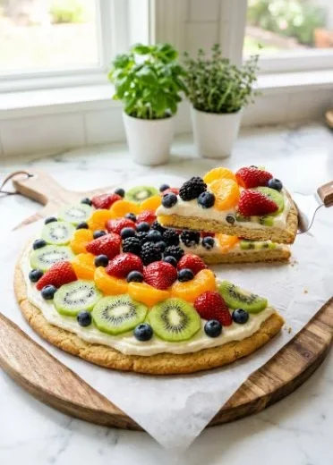 Fruit pizza with thick sugar cookie crust topped with a variety of fresh fruits