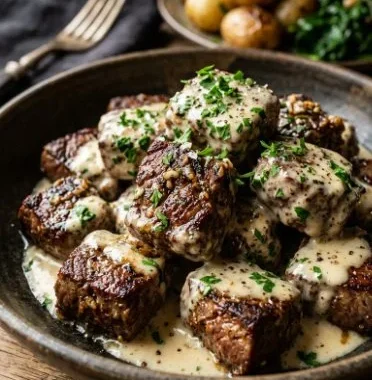 Garlic butter steak bites served with rich parmesan cream sauce