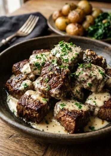 Garlic butter steak bites served with rich parmesan cream sauce