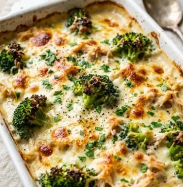 Garlic Chicken and Broccoli Bake 1 Garlic Chicken and Broccoli Bake dish served in a ceramic baking dish
