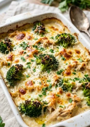 Garlic Chicken and Broccoli Bake dish served in a ceramic baking dish