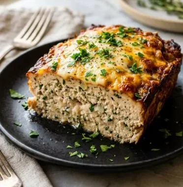 Delicious Garlic Parmesan Chicken Meatloaf served on a plate.