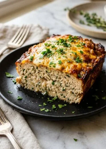 Delicious Garlic Parmesan Chicken Meatloaf served on a plate.