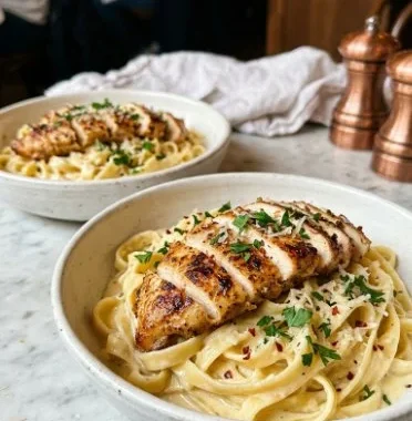 Plate of Garlic Parmesan Chicken Pasta garnished with parsley and parmesan cheese