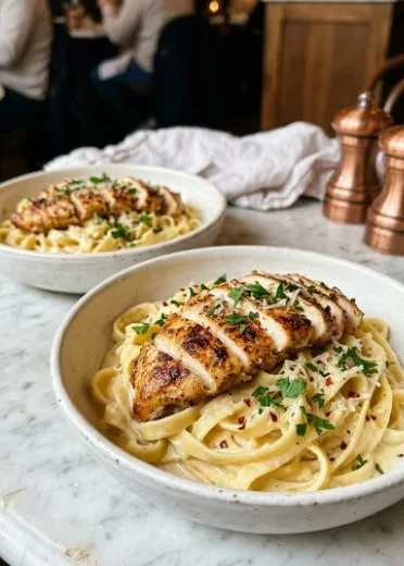 Plate of Garlic Parmesan Chicken Pasta garnished with parsley and parmesan cheese
