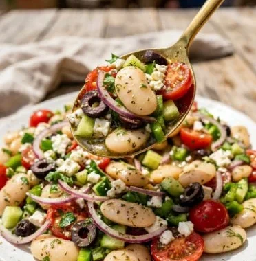 Colorful Greek Bean Salad topped with fresh vegetables and olives