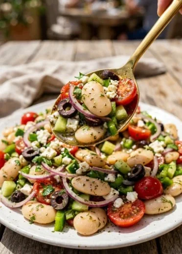 Colorful Greek Bean Salad topped with fresh vegetables and olives