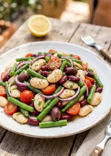 Vibrant Greek Bean Salad with lemon marinated beans and fresh vegetables.