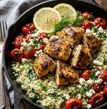 Plate of Greek Chicken served with Lemon Rice and fresh herbs