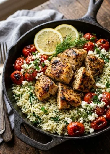Plate of Greek Chicken served with Lemon Rice and fresh herbs