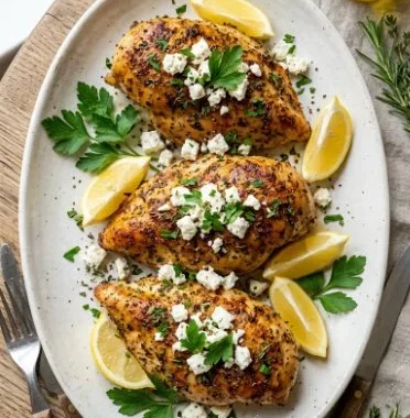 Greek Chicken with Lemon and Feta Recipe 1 Greek chicken with lemon and feta served on a plate